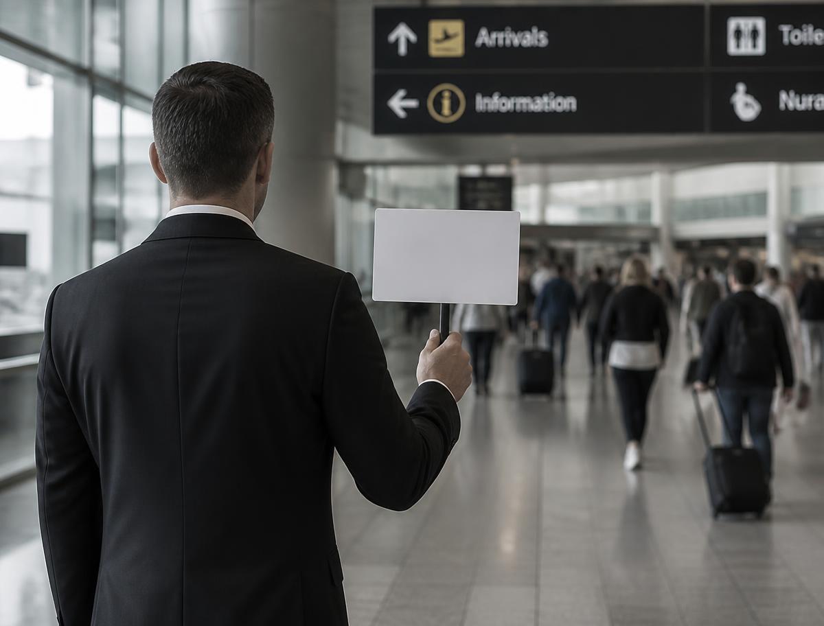 Chauffeur waiting with a name sign in the arrivals area at Newark Liberty International Airport