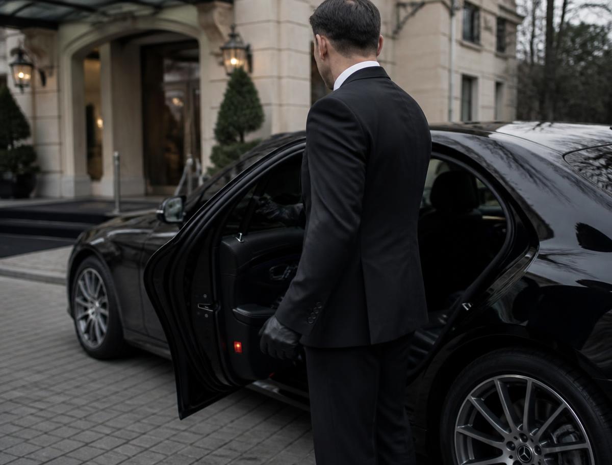 Chauffeur opening the rear door of a black executive sedan