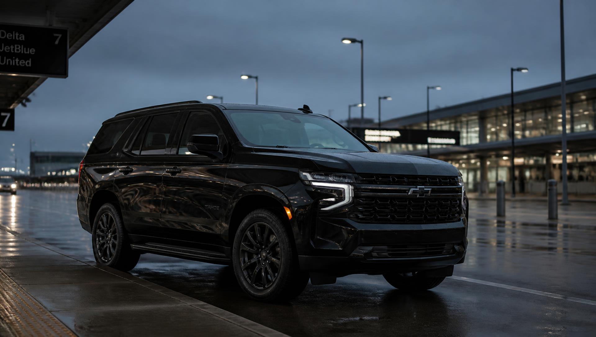 Black SUV waiting at the Newark Liberty International Airport terminal curb at dusk