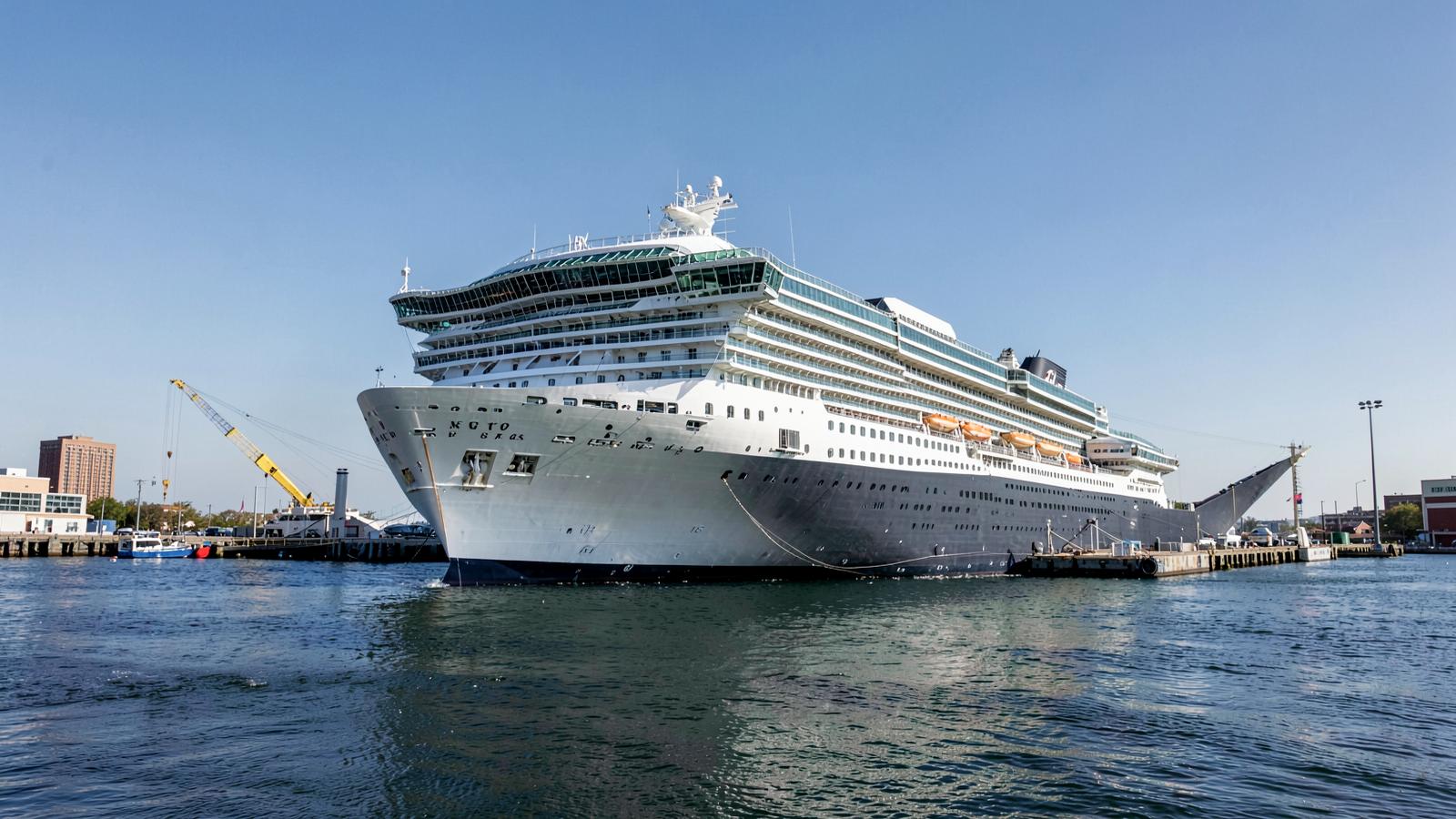 Cruise ship docked at a New Jersey terminal on a clear morning