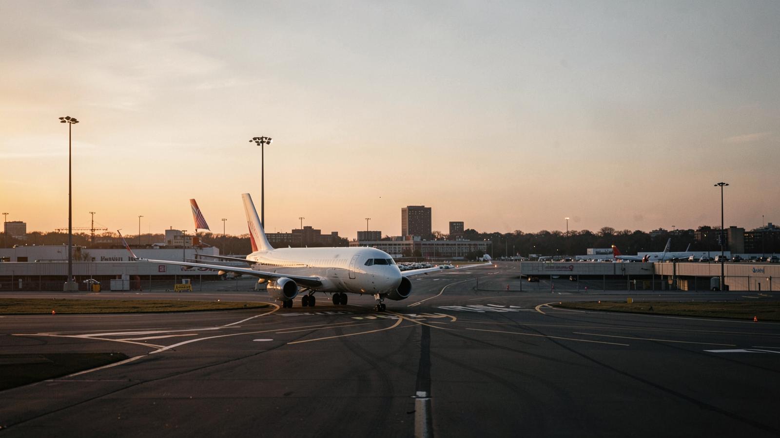 Aircraft on the taxiway at a New York airport at sunrise