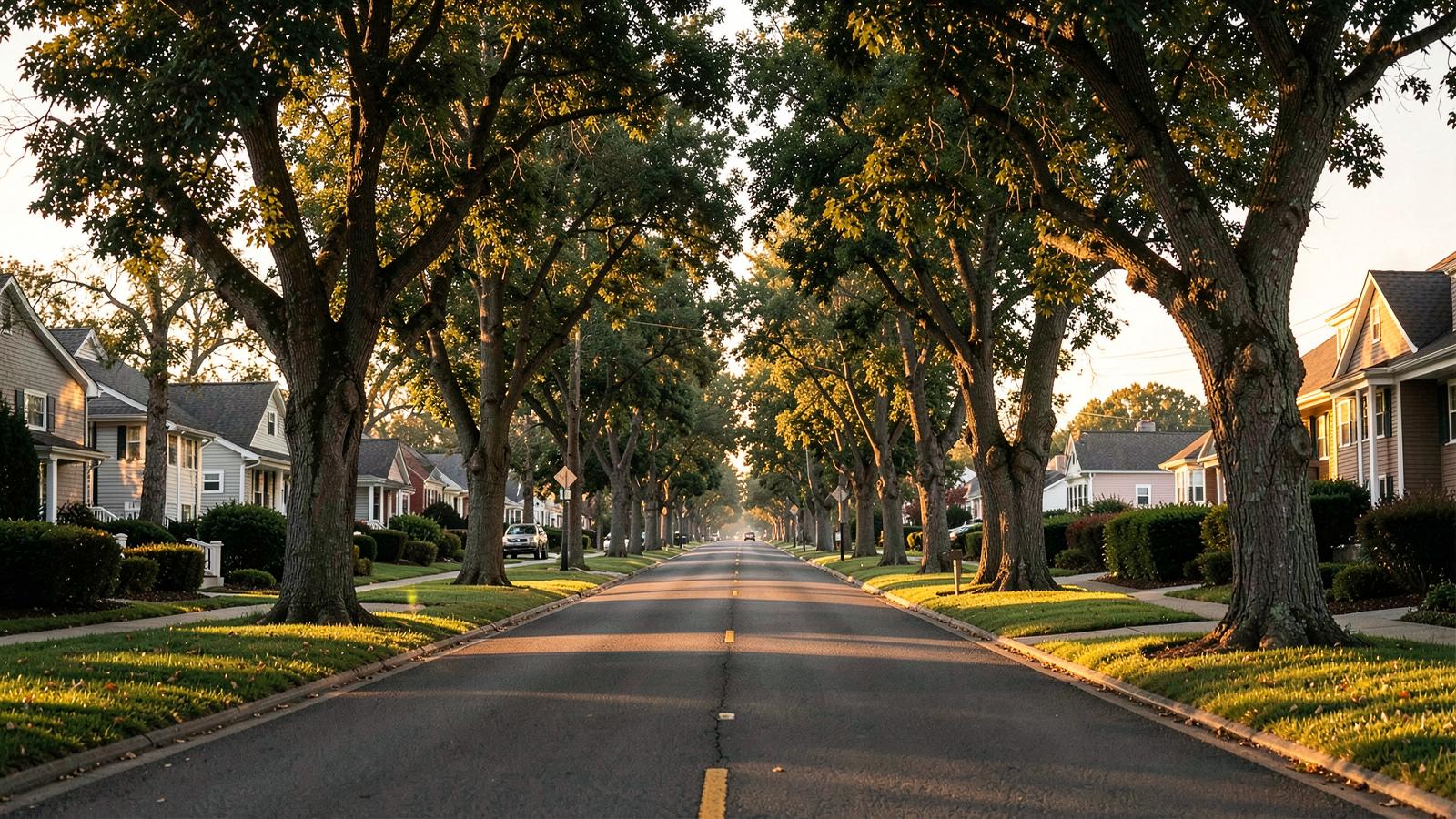 Tree-lined residential road on Long Island in late afternoon light
