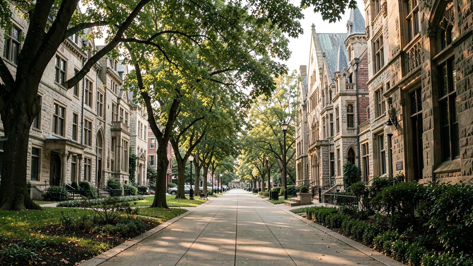 Tree-lined campus walkway in Princeton, New Jersey