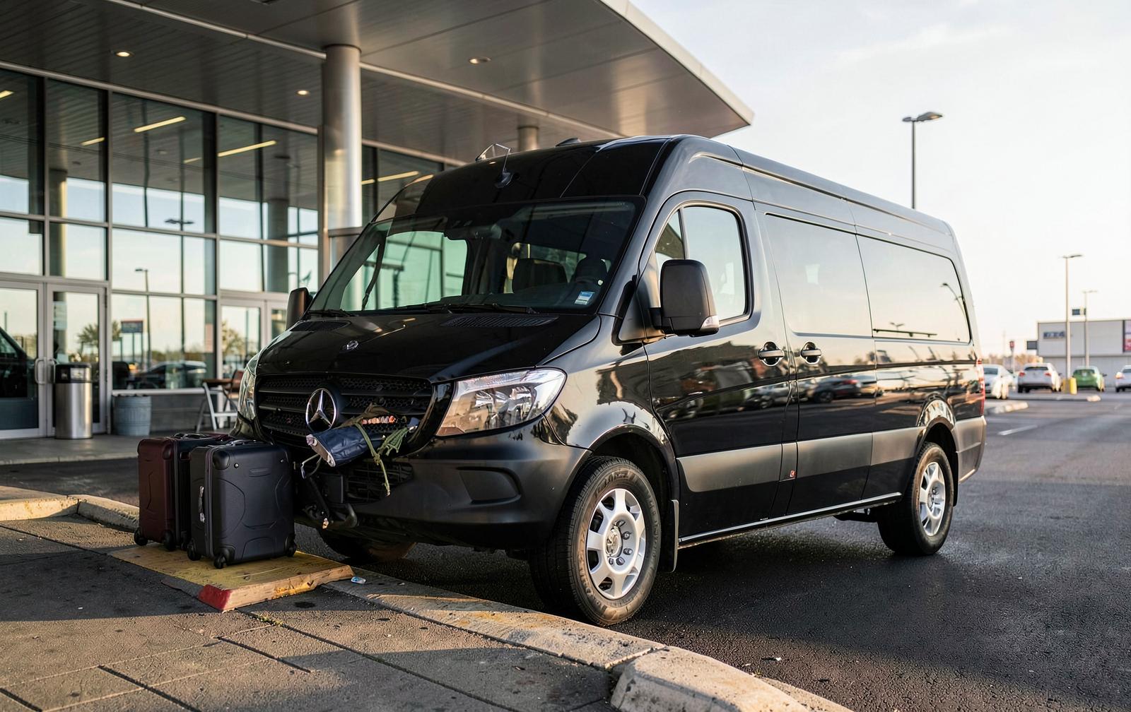 Mercedes-Benz Sprinter van parked at an airport terminal curb