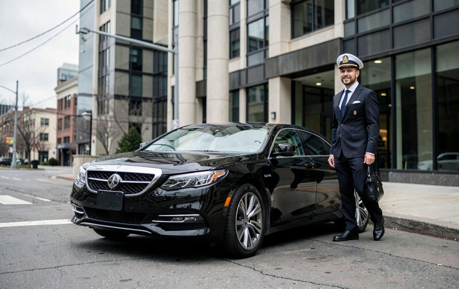 Executive sedan waiting outside a city office building