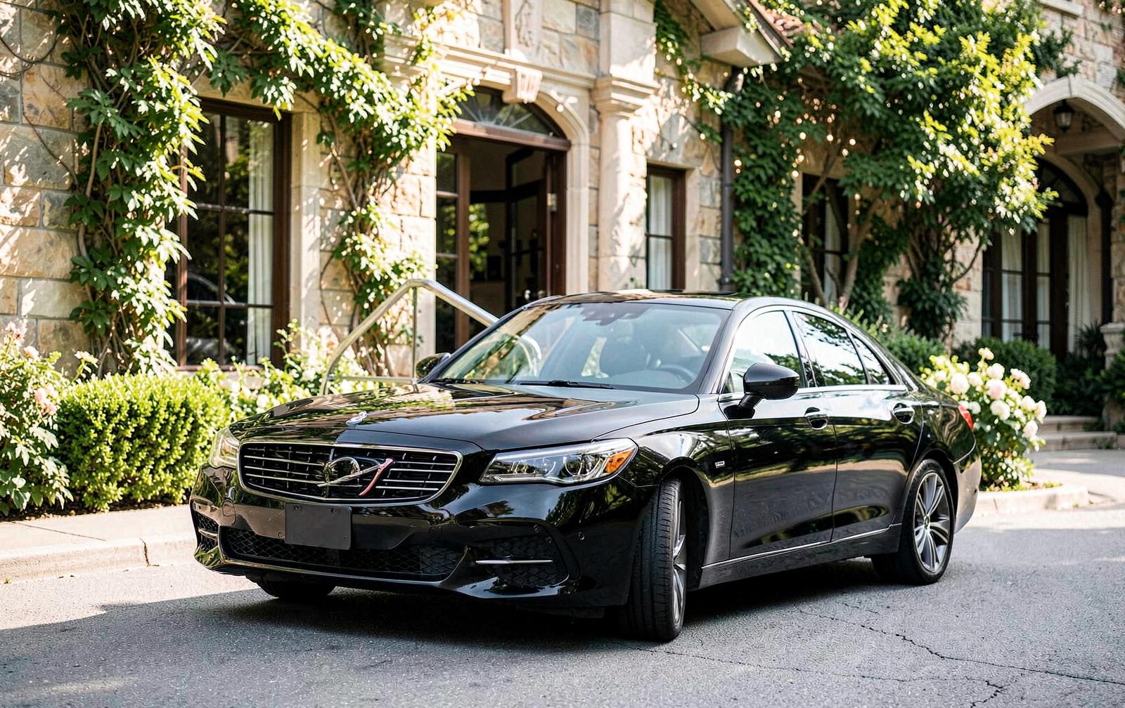 Executive sedan parked outside a wedding venue on a summer afternoon